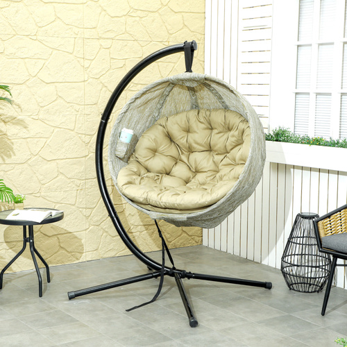 Outsunny Hanging Egg Chair Outdoor Indoor Garden Swing Chair with Folding Basket, Thickened Cushion, Cup Holder for Patio, Balcony, Khaki