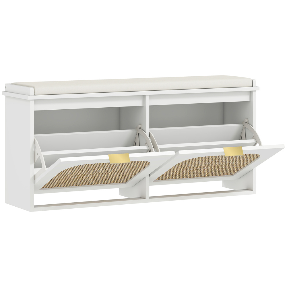 HOMCOM Boho Shoe Bench with Padded Seat and 2 Flip-Drawers - White