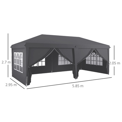 Outsunny Outsunny 3 x 6 m Garden Pop Up Gazebo, Wedding Party Tent Marquee, Water Resistant Awning Canopy with Sidewalls, Windows, Carry Bag, Grey