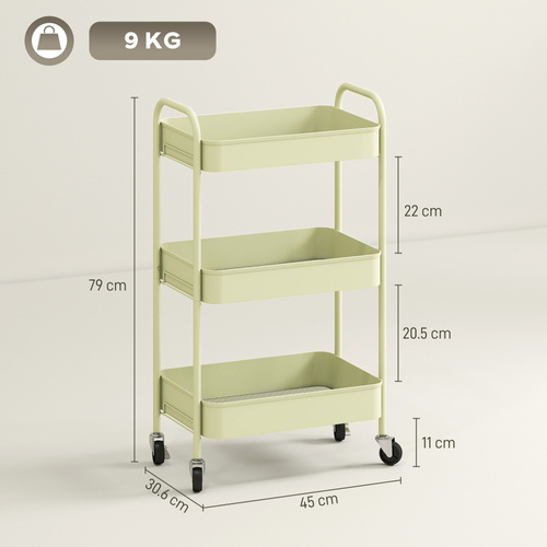 HOMCOM Three-Tier Steel Storage Trolley - Green