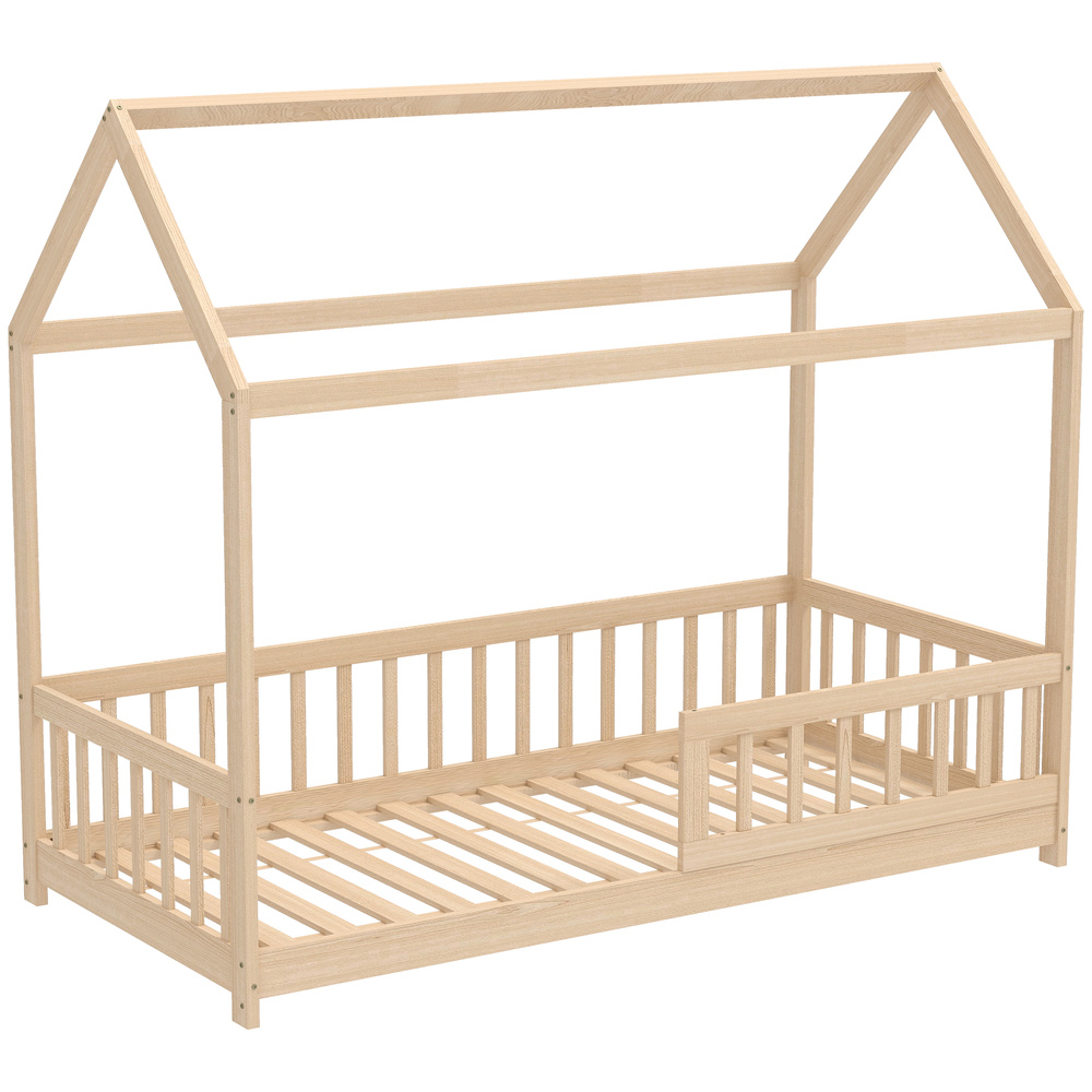 HOMCOM House-Shaped Kids Bed Frame with Guard Rails, Solid Pine Wood Single Bed Frame for Kids Boys and Girls, Natural