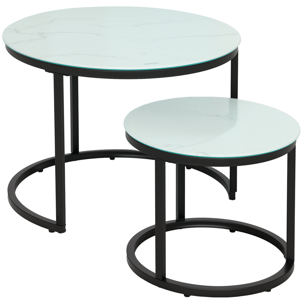HOMCOM Glass Coffee Table Set of 2, Round Nest of Tables with Marble-Effect Tempered Glass Tabletop and Steel Frame, Modern Side Tables for Living Room, White