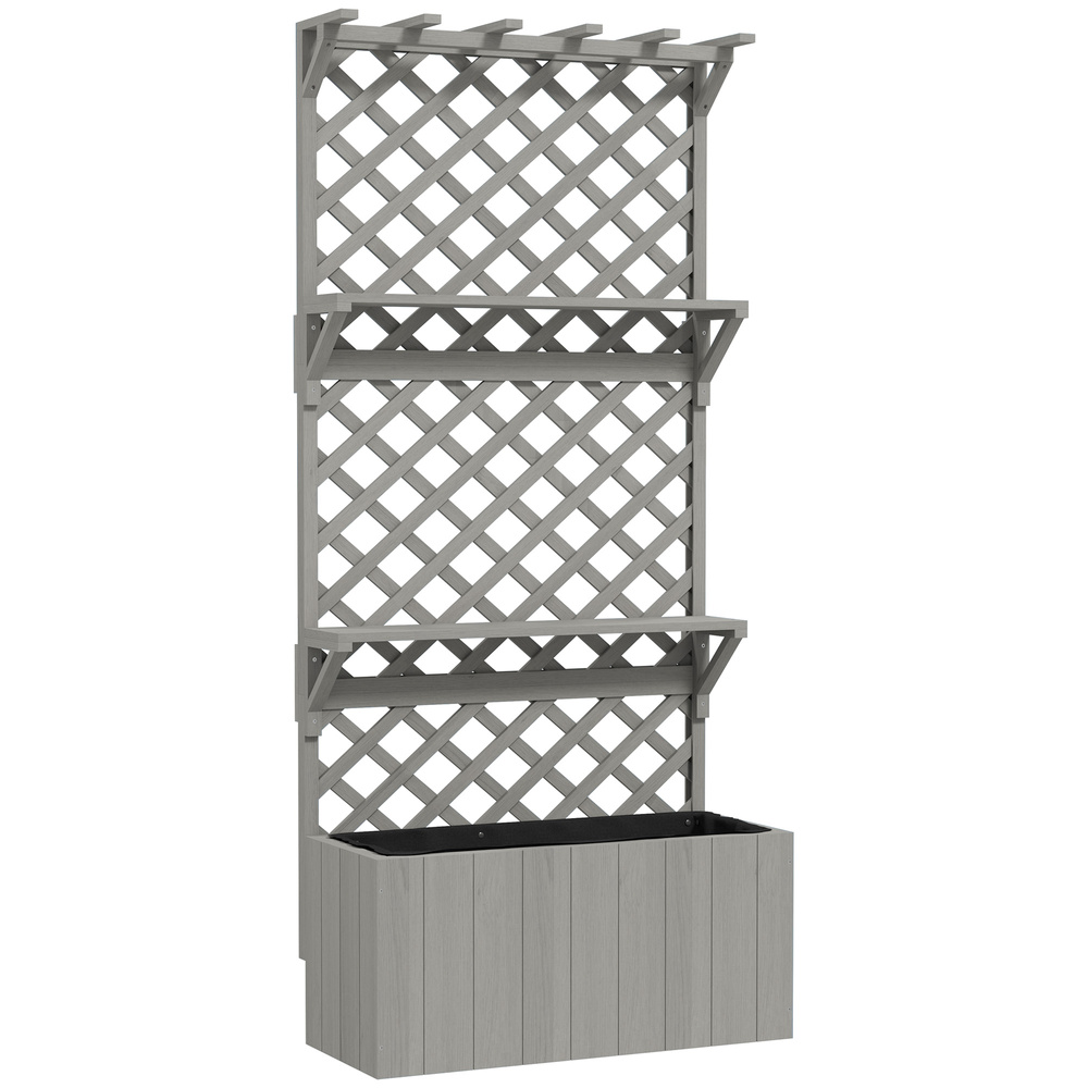 Outsunny 52L Wooden Planter, with Trellis and Shelves - Grey