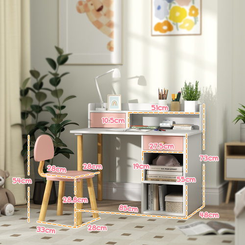AIYAPLAY 2 Pieces Children Study Table with Hutch, Kids Desk and Chair Set with Storage, Drawer, Shelves, Pink
