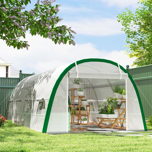 Outsunny Walk-in Polytunnel Greenhouse Tunnel Warm House Tent with Zipped Doors, 8 Mesh Windows, PE Cover, 6 x 3 m, White