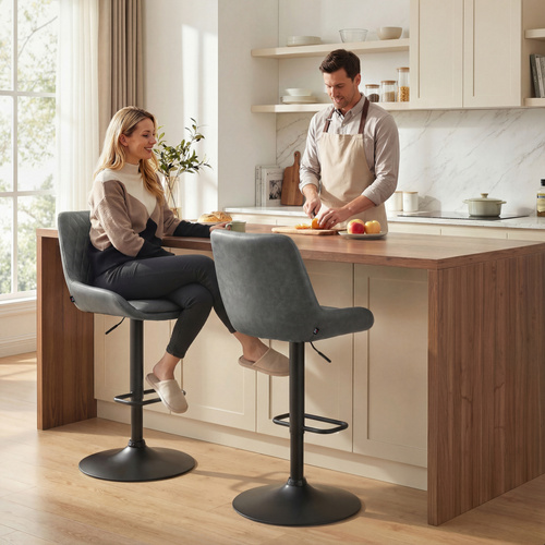 HOMCOM Retro Bar Stools Set of 2, Adjustable Kitchen Stool, Upholstered Bar Chairs with Back, Swivel Seat, Dark Grey