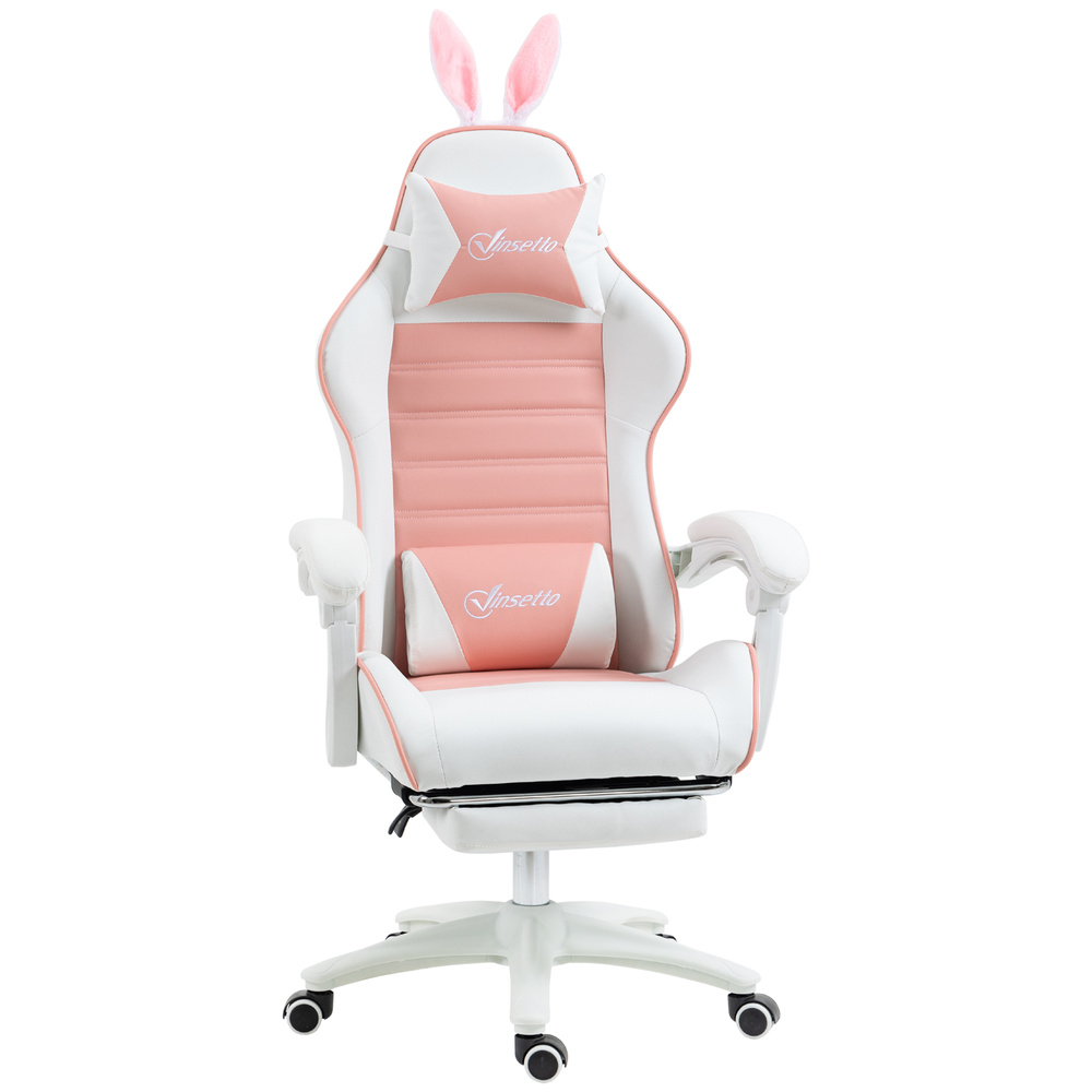 Vinsetto Racing Gaming Chair, Reclining PU Leather Computer Chair with Removable Rabbit Ears, Footrest, Headrest and Lumber Support, Pink