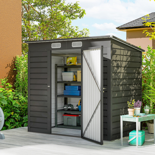Outsunny 4 x 6ft Galvanised Metal Garden Shed, with Locking Door - Grey