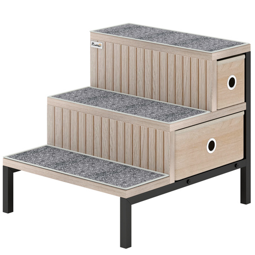 PawHut Dog Stairs with Storage, Non-Slip Cover, Pet Steps for Small Dogs & Older Cats, for Sofa, High Bed, Oak Tone