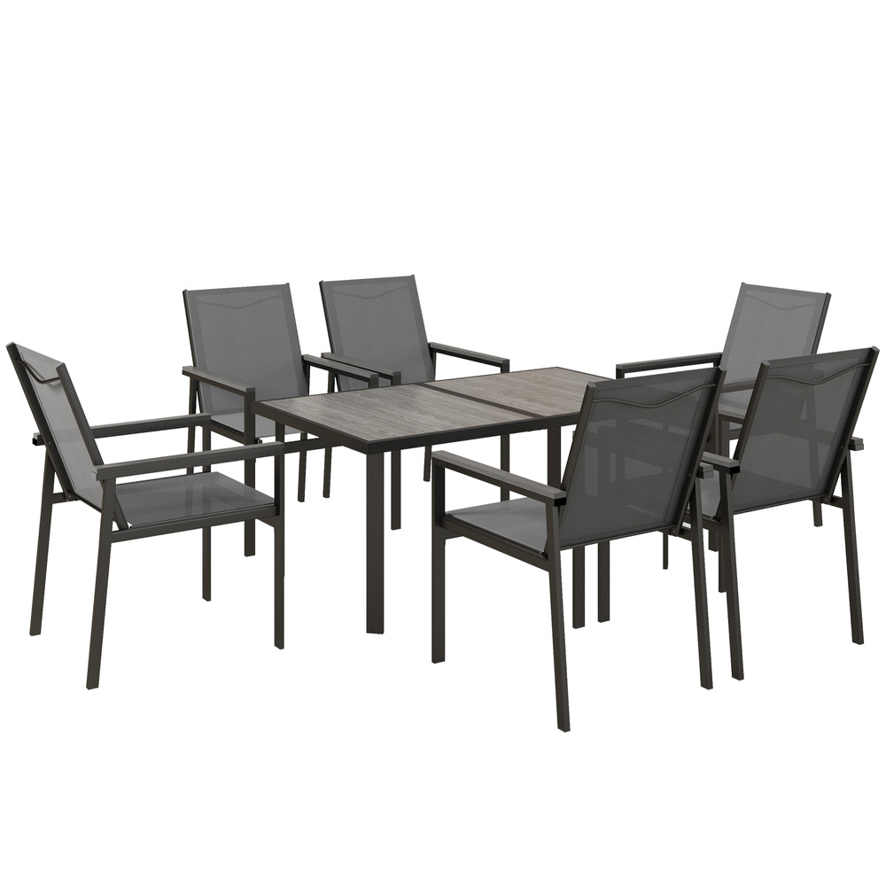 Outsunny Seven-Piece Metal Dining Set, with Glass-Top Table - Grey