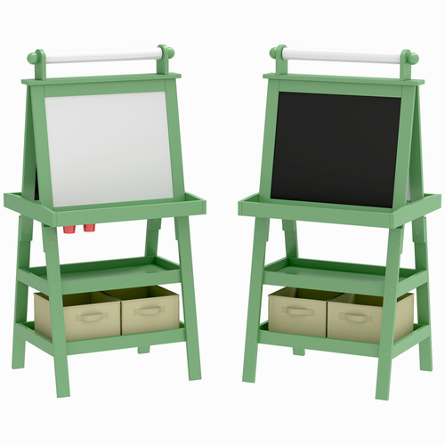 AIYAPLAY 3 in 1 Kids Easel Double-Sided Magnetic Whiteboard and Chalkboard with Paper Roll, Storage Baskets - Green