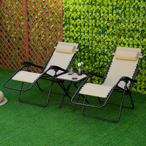 Outsunny Folding Zero Gravity Chairs, 3 Pieces Adjustable Sun Lounger and Table Set with Cup Holder and Headrest, Patio Bistro Set with Reclining Garden Chairs for Outdoor, Beige