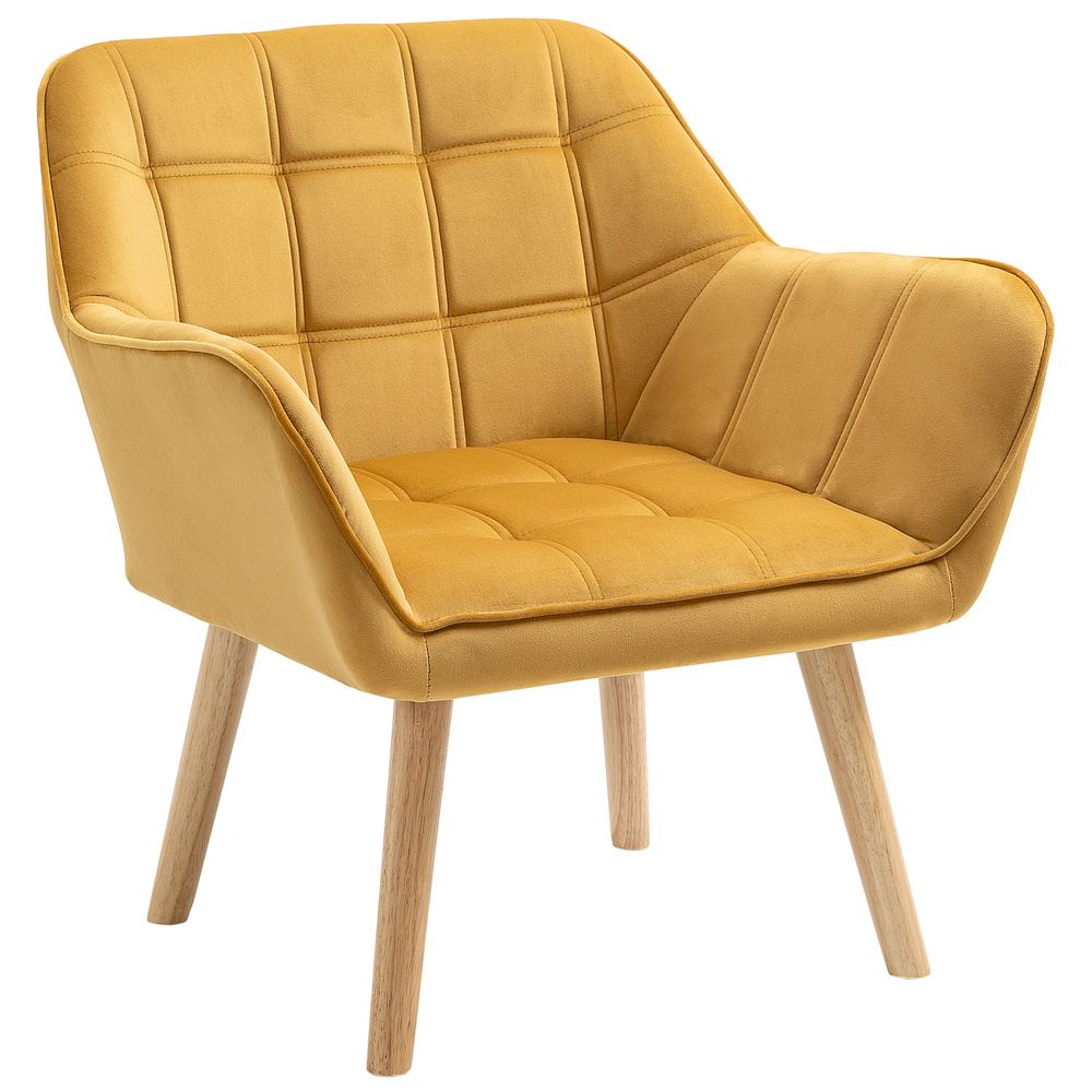 HOMCOM Armchair Accent Chair, Vanity Chair with Wide Arms, Slanted Back, Padding, Metal Frame, Wooden Legs, Home Bedroom Furniture Seating, Yellow