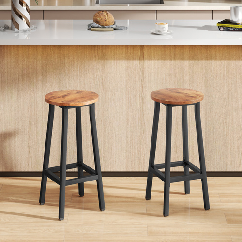 HOMCOM Bar Stools Set of 2 Breakfast Bar Stools with Footrest, Industrial Round, 32 x 32 x 65 cm, Rustic Brown