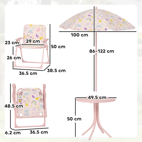 AIYAPLAY 4-Piece Kids Garden Table and Chair Set with Adjustable Parasol, Folding Chairs, Table, Rainbow Pattern, Pink