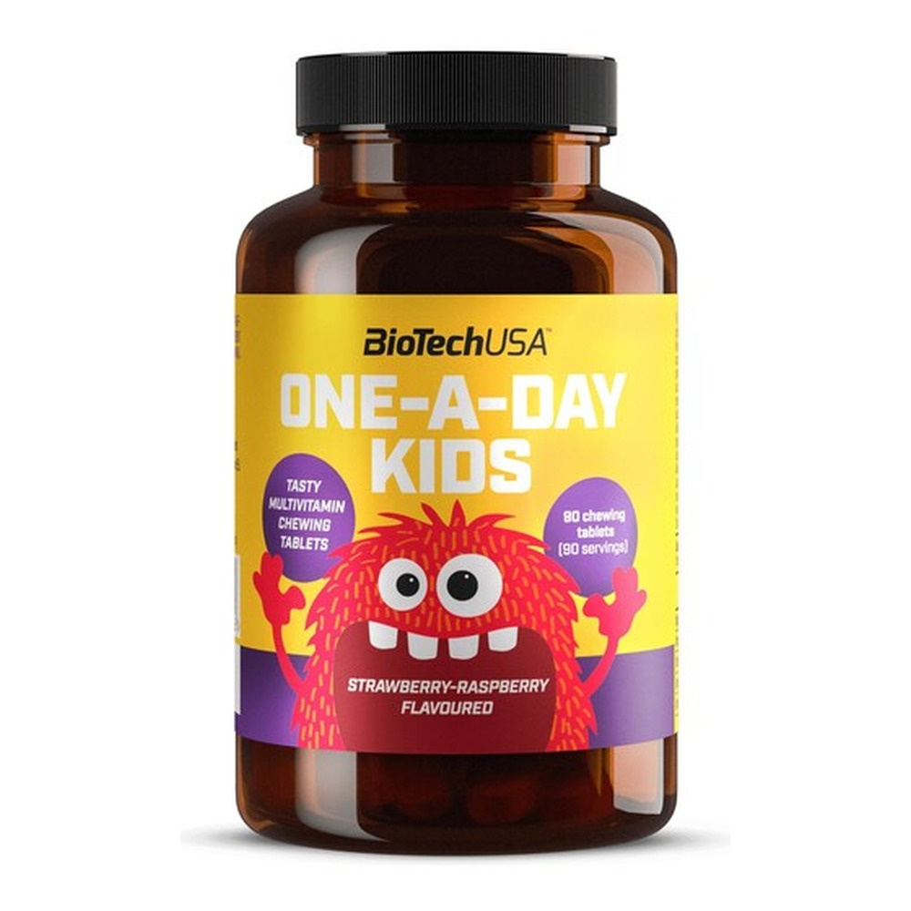 BioTechUSA One-A-Day Kids Multiwitamina i Minerały w Tabletkach do Żucia Truskawka i Malina 90 Tabletek do Żucia