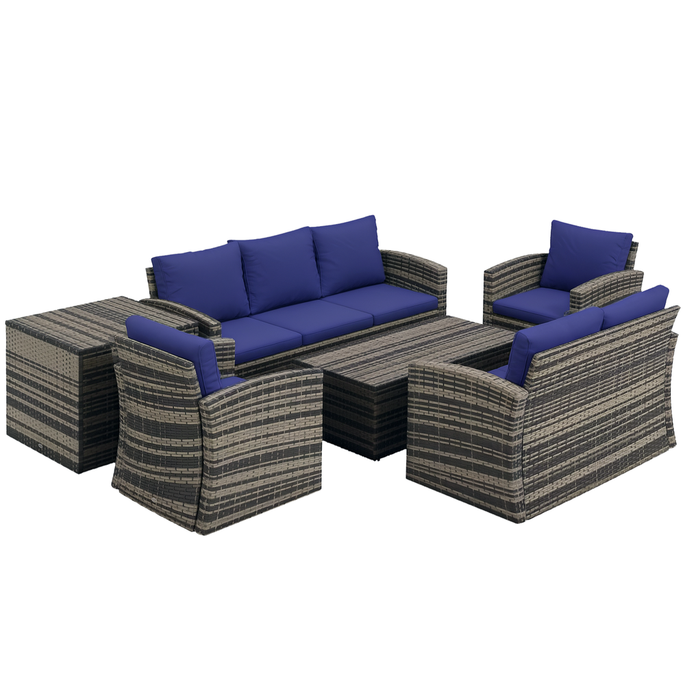 Outsunny 6 Pieces Rattan Garden Furniture Set, 7 Seater Wicker Outdoor Furniture Set with Storage Tea Table & Side Table, Sectional Garden Sofa Set with Cushions, Navy Blue