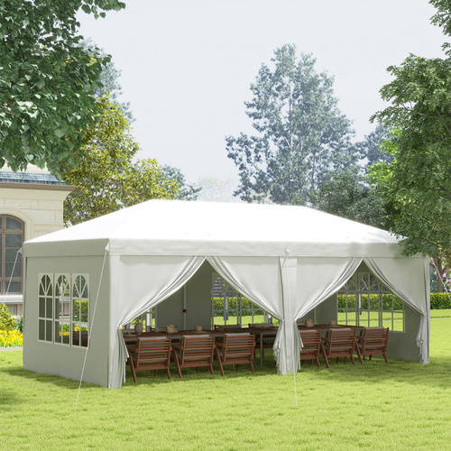 Outsunny 3 x 6 m Garden Pop Up Gazebo, Wedding Party Tent Marquee, Water Resistant Awning Canopy with Sidewalls, Windows, Carry Bag, White