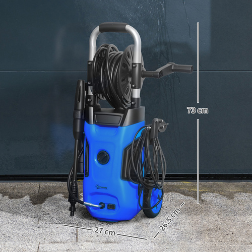 Outsunny 1800W High Pressure Washer, 150 Bar Pressure, 420 L/h Flow, Portable Power Washer Jet Wash Cleaner with Adjustable Nozzle, 6M Hose, Hose Reel, Steel Handle for Home Patio Car Driveway, Blue