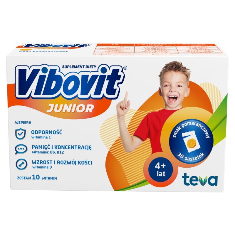 Vibovit Junior o Smaku Pomarańczowym Wspiera Rozwój Dziecka 4-12 Lat 30 Saszetek