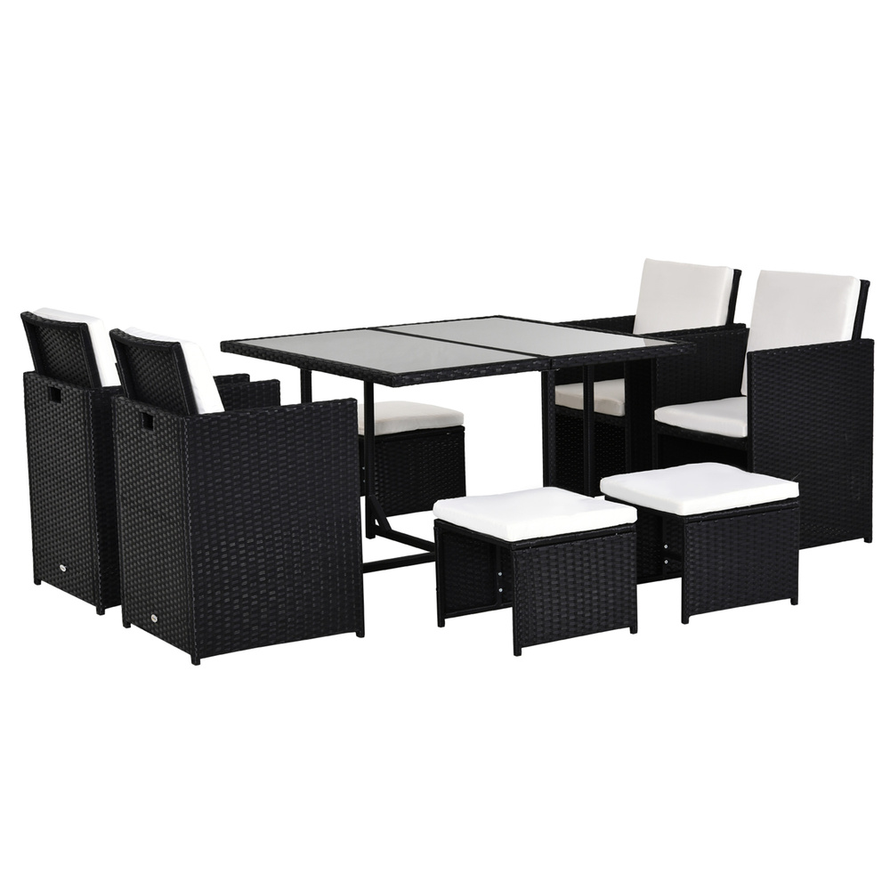Outsunny 9 Piece Rattan Cube Garden Furniture Dining Set with Armchairs, Footstools and Glass-Top Table, Black