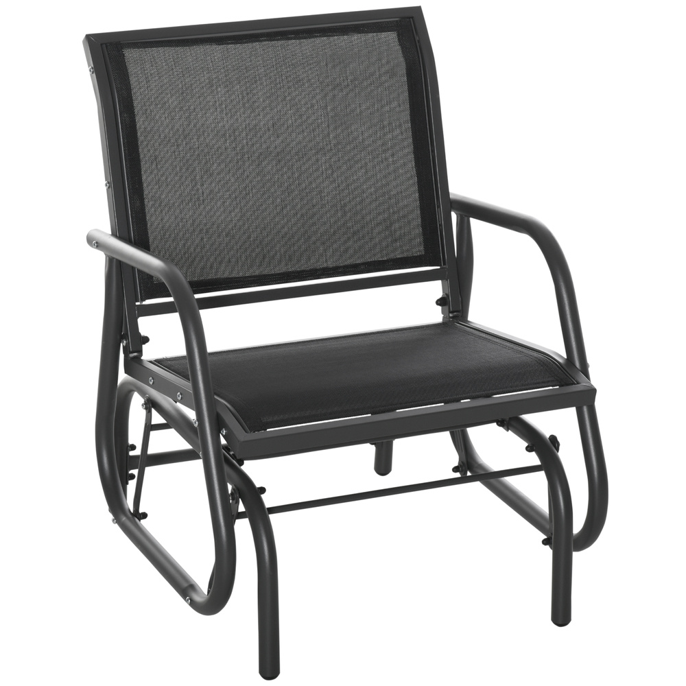 Outsunny Outdoor Garden Glider Chair, Metal Frame Single Armchair Swing Seater w/ Breath Mesh Fabric Seat, Curved Backrest, Armrests, for Living Room, Patio, Porch, Dark Grey
