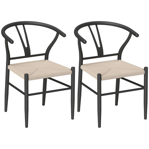 HOMCOM Set of Two Weave Dining Chairs with Y-Shaped Backrest Hemp Seat - Black/Beige