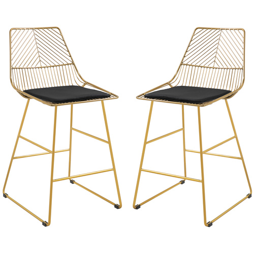 HOMCOM Set of 2 Bar Stools, Modern Counter Height Breakfast Bar Chairs with Wire Metal Frame for Kitchen, Dining Room, Gold
