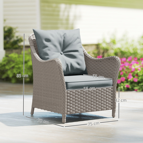 Outsunny Rattan Garden Chairs Set of 2, Outdoor Rattan Chairs with Cushions, Armrests and High Back, PE Wicker Garden Armchair with Steel Frame for Balcony, Porch, Light Grey
