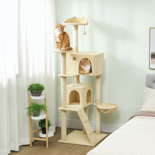 PawHut 180cm Large Cat Tree Tower with Sisal Scratching Posts, Condos, Plush Perches, Hammock, Ladder, Beige
