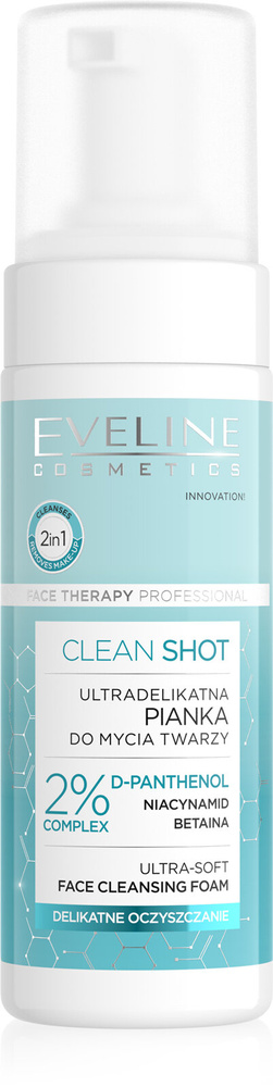 Eveline Clean Shot 2% D-Panthenol Kompleks Ultradelikatna Pianka do Mycia Twarzy dla Każdego Rodzaju Skóry 150ml