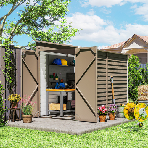 Outsunny 5 x 9ft Galvanised Metal Garden Shed with Foundation Kit, Outdoor Lean-to Shed, Tool Storage House with Lockable Doors, Gloves and 2 Air Vents for Patio, Garden, Brown