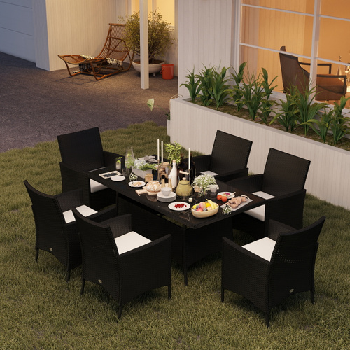 Outsunny 6 Seater Rattan Dining Set with Cushions, Rattan Garden Furniture Set with 6 Armchairs, Rectangular Glass Top Table, Outdoor Dining Table and Chairs, Black