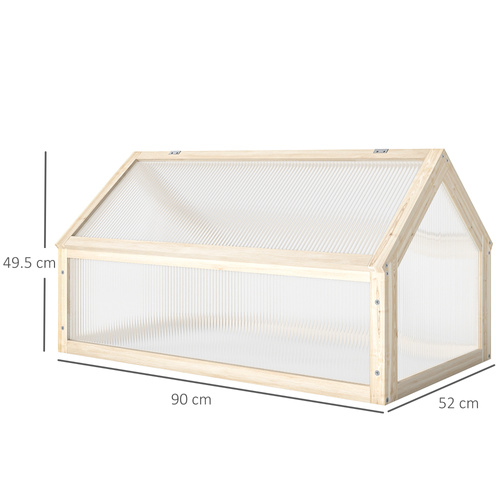 Outsunny Wooden Cold Frame Garden Polycarbonate Greenhouse with Openable Top Cover, Grow House for Flowers, Vegetables, Plants, 90 x 52 x 50cm, Natural