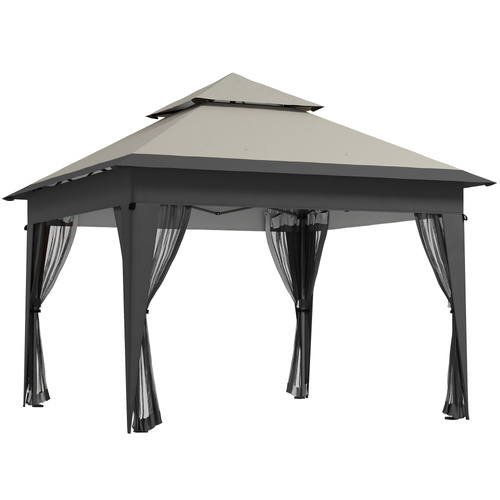 Outsunny 3 x 3(m) Pop Up Gazebo with Mosquito Netting, 1 Person Easy up Marquee Party Tent with 1-Button Push, Double Roof, Carry Bag, Sandbags, Height Adjustable Instant Shelter, Grey