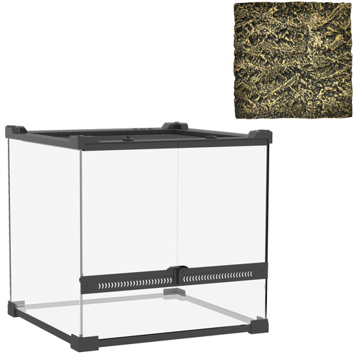 PawHut Reptile Glass Terrarium with Stone Background, Front Ventilation, Escape-Proof Knob Lock, 30 x 30 x 30 cm, Black