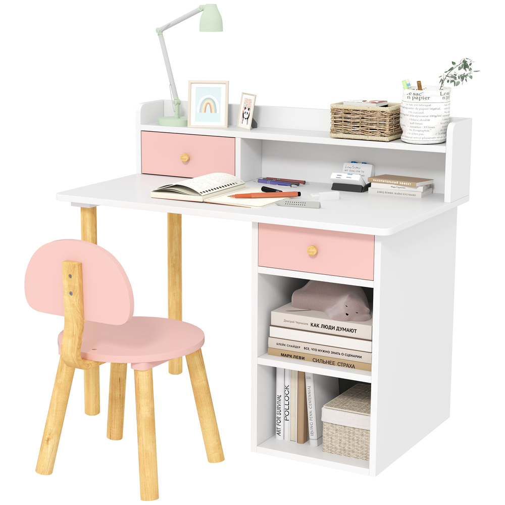 AIYAPLAY 2 Pieces Children Study Table with Hutch, Kids Desk and Chair Set with Storage, Drawer, Shelves, Pink
