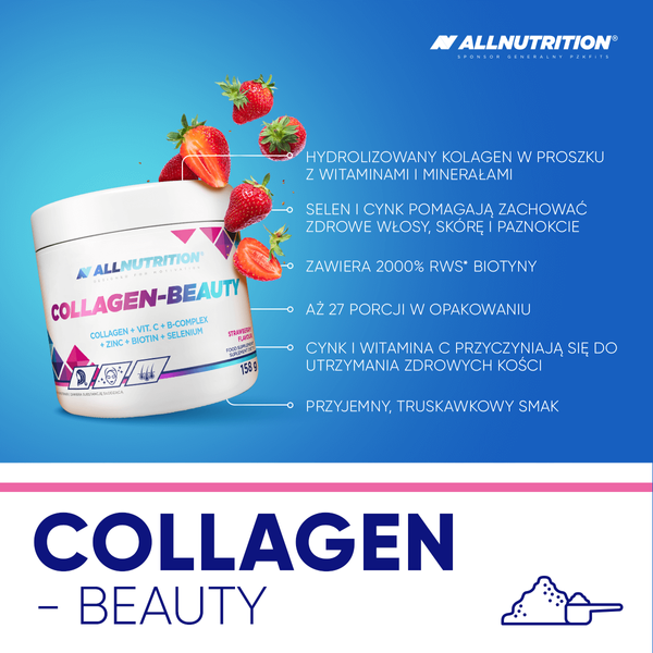 Allnutrition Collagen-Beauty Hydrolizowany Kolagen Wołowy z Kompleksem Witamin i Minerałów Strawberry 158g