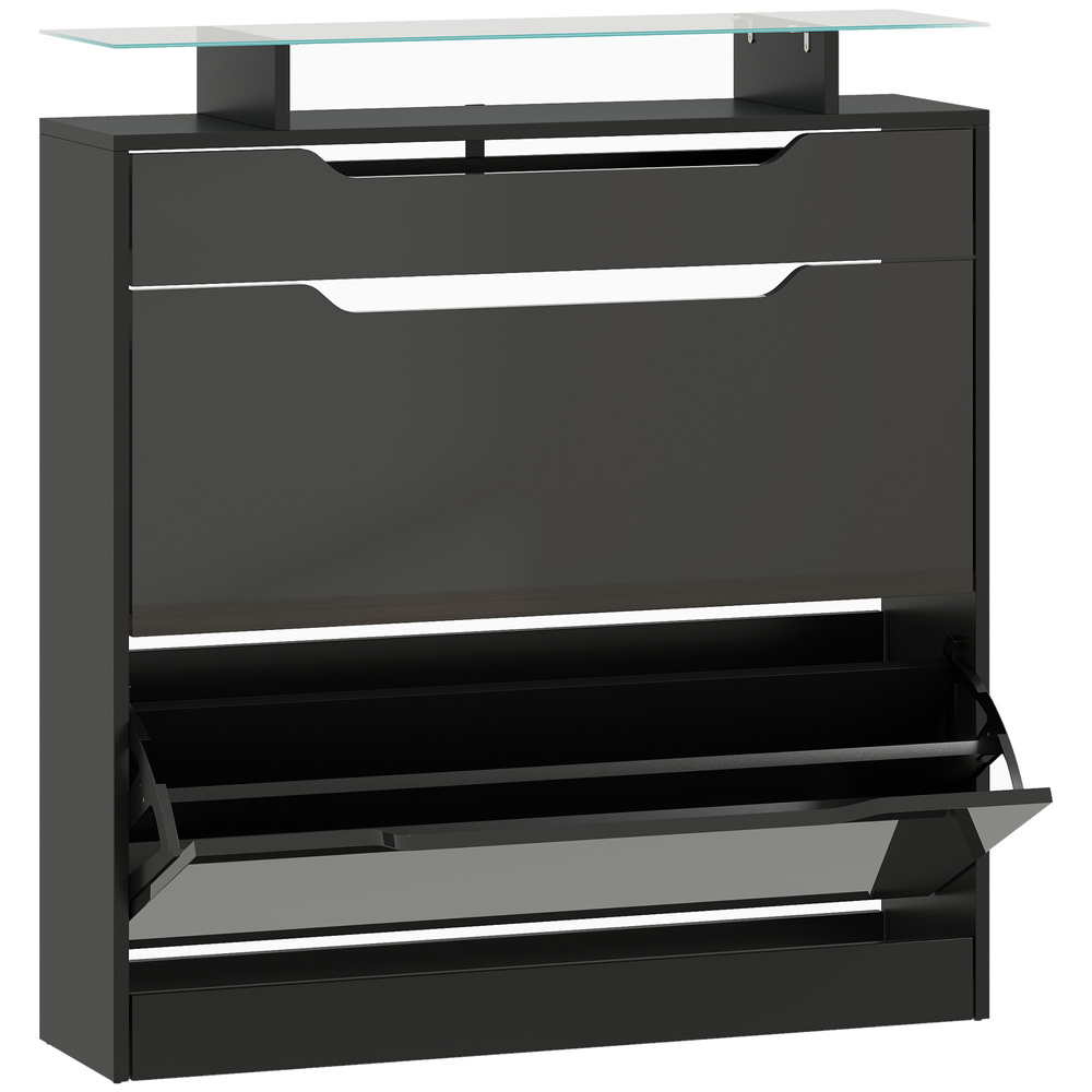 HOMCOM Shoe Storage Cabinet with Slide Out Drawer, 2 Flip Doors, Tempered Glass Top - Black