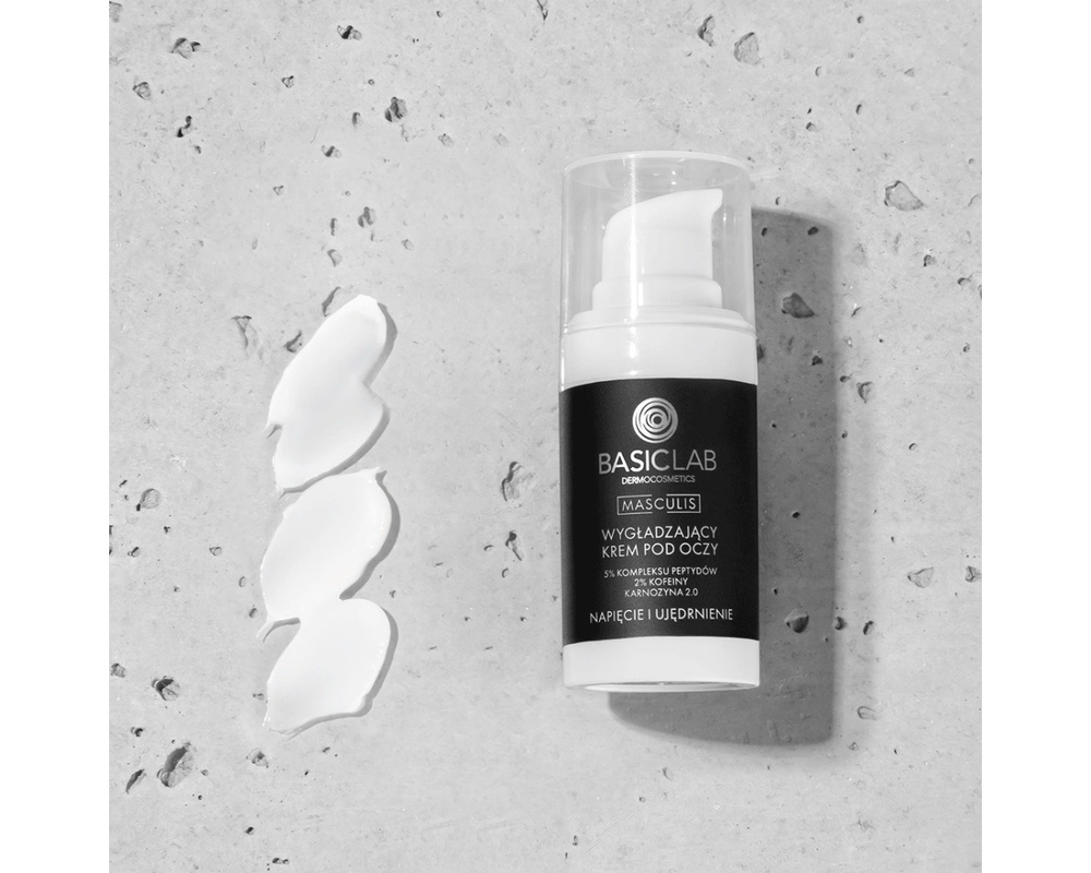 BasicLab Masculis Smoothing Eye Cream 5% Peptide Complex 2% Caffeine 2.0 Carnosine Tension and Firming for Men Day and Night 15ml