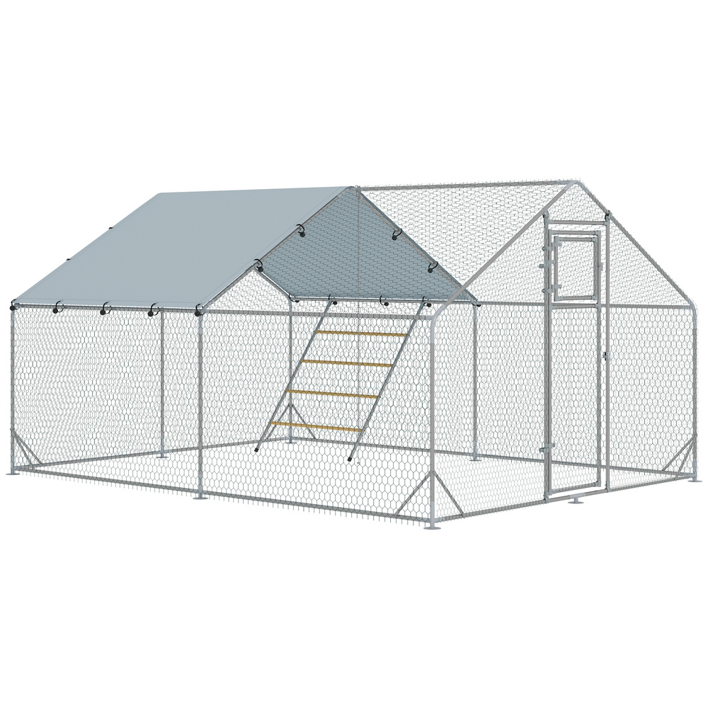 PawHut Walk-in Chicken Run w/ Cover, Feeding Door, Hanging Feeder, Perch, for 12-18 Poultry
