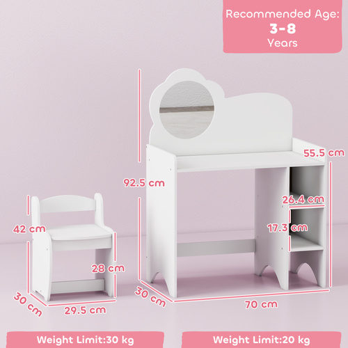 AIYAPLAY Kids Dressing Table with Mirror, Stool, Kids Vanity Table with Shelves, for Ages 3-8 Years, White