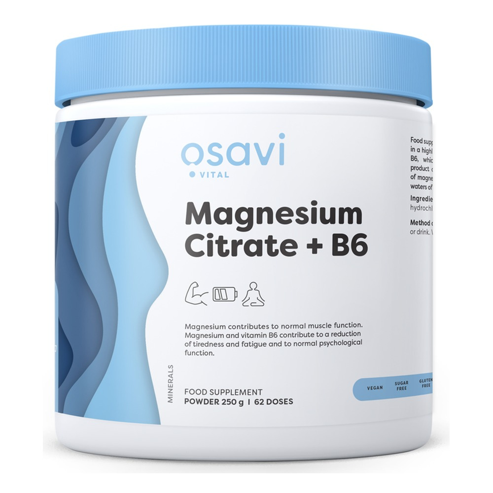 Osavi Cytrynian Magnezu + B6 w Proszku Na Prawidłowe Funkcjonowanie Mięśni i Układu Nerwowego 250g