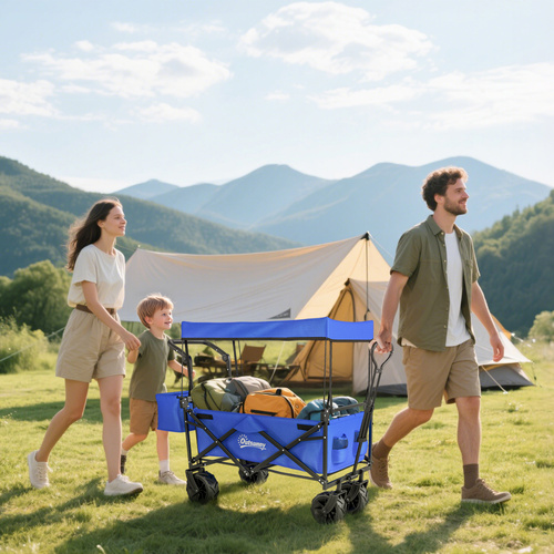 Outsunny Folding Trolley Cart Storage Wagon Beach Trailer 4 Wheels with Handle Overhead Canopy Cart Push Pull for Camping, Blue