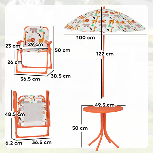 AIYAPLAY Kids Patio Set, Children Table and Chair Set, Outdoor Picnic Table with 2 Folding Chairs and Umbrella, Orange