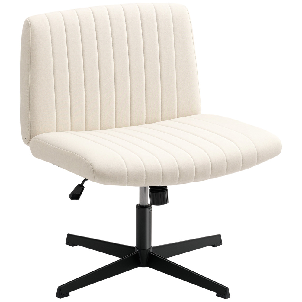 HOMCOM Armless Office Chair No Wheels, Linen Fabric Criss Cross Legged Desk Chair with Wide Seat, Thick Padding, Tilt Function, Height Adjustable Swivel Computer Seat for Home, Cream