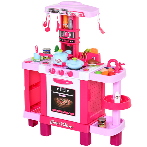 HOMCOM 38 Pcs Kids Children Kitchen Play Set w/ Realistic Sounds Lights Food Utensils Pots Pans Appliances Toy Game Pink