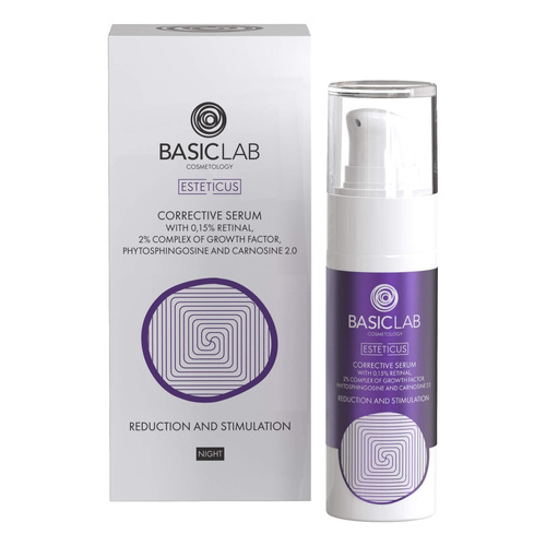 BasicLab Korygujące Serum z Retinalem 0,15% Czynnikiem Wzrostu Kompleks 2% Fitosfingozyną i Karnozyną 2.0 Redukcja i Stymulacja dla Skóry Problematycznej na Noc 30ml