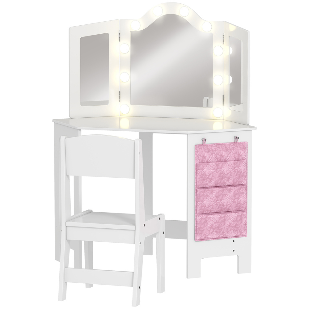 AIYAPLAY Kids Dressing Table and Stool Set, Girls Vanity Table with 2-Colour LED Lights, Tri-Folding Mirror, White
