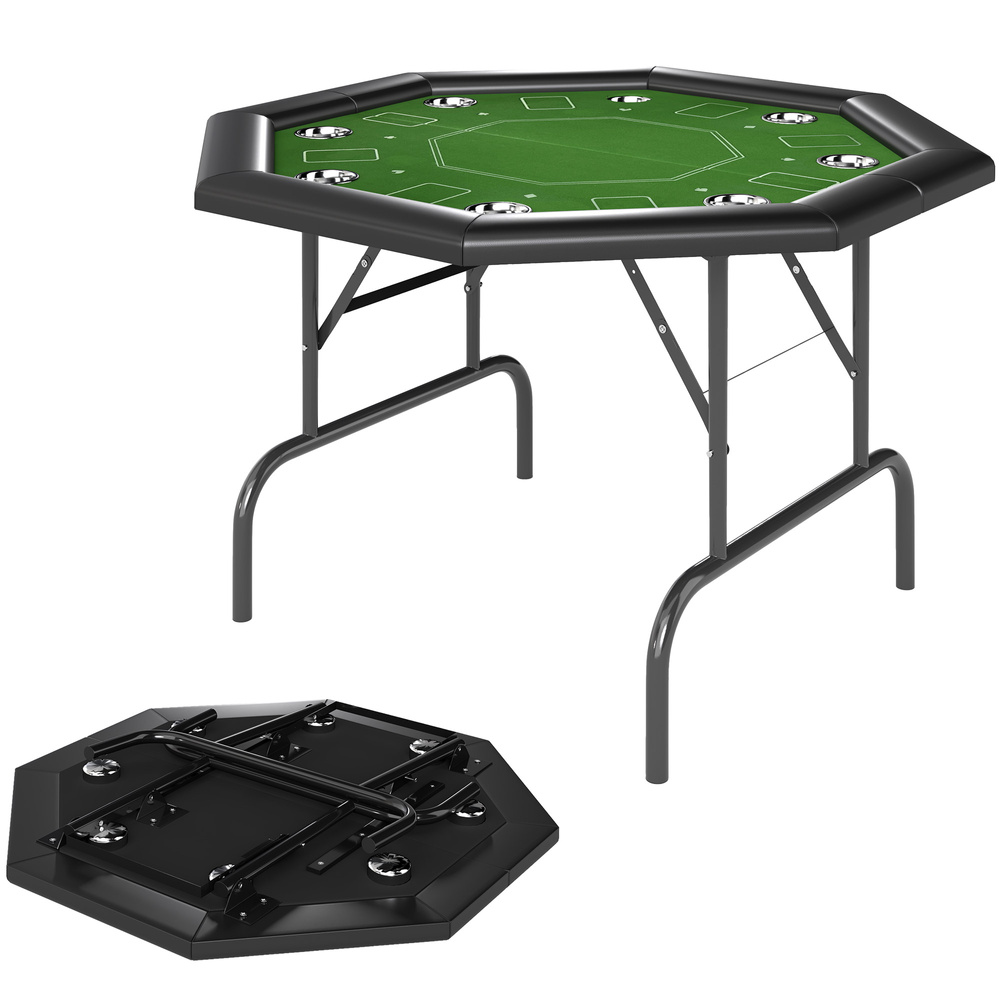 SPORTNOW 8 Player Folding Poker Table, Portable Octagon Blackjack Table with Cup Holders, Padded Edge, Green